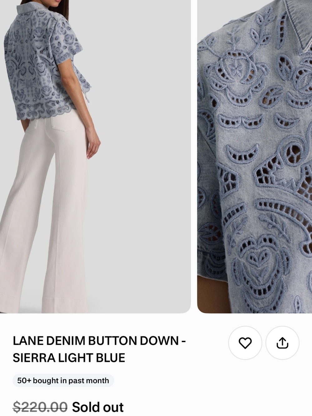 Alice + Olivia Light Blue Eyelet Denim Button-Down Top - Picture 2 of 3